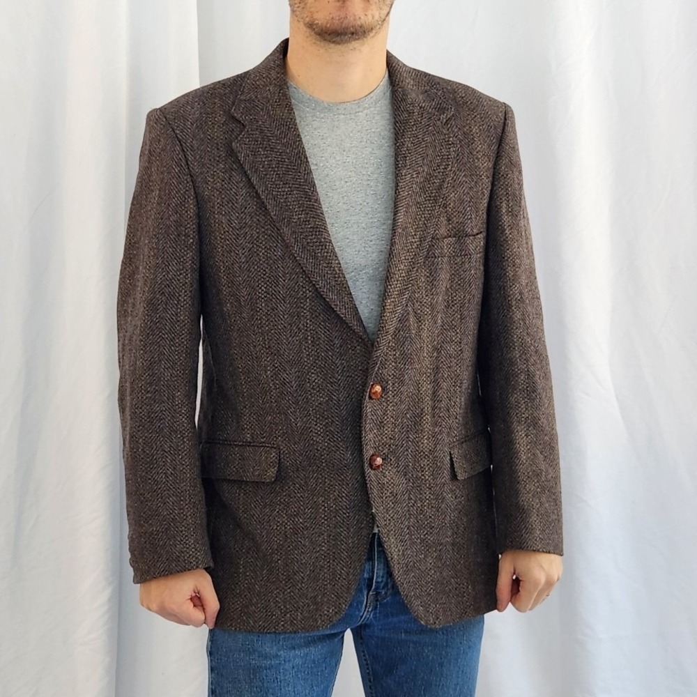 80s Brown Gray Herringbone Wool Blazer
